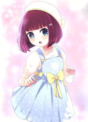 Rule 34 | aged down, arima kana, beret, blue eyes, blue overalls, blue skirt, blush, bob cut, bow, dress, hat, highres, if they mated, inverted bob, looking at viewer, open mouth, oshi no ko, overalls, red hair, risdelusions, shirt, short hair, skirt, star-shaped pupils, star (symbol), symbol-shaped pupils, white shirt, yellow bow