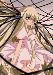 1girl absurdly_long_hair blush brown_eyes brown_hair chii chobits commentary dress english_commentary eyelashes fingernails from_side highres long_hair looking_at_viewer miss_minu parted_lips puffy_short_sleeves puffy_sleeves short_sleeves very_long_hair white_dress wire
