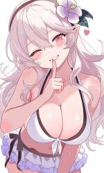 1girl bikini bikini_skirt black_hairband blush breasts cleavage corrin_(female)_(fire_emblem) corrin_(female)_(novice_vacationer)_(fire_emblem) corrin_(fire_emblem) finger_to_mouth fire_emblem fire_emblem_fates fire_emblem_heroes flower grey_hair hair_between_eyes hair_flower hair_ornament hairband heart highres large_breasts leaning_forward long_hair looking_at_viewer n_54 navel nintendo official_alternate_costume one_eye_closed pointy_ears red_eyes shushing smile solo swimsuit white_bikini