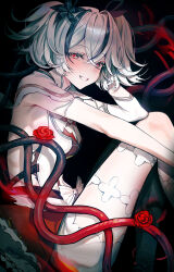 1girl absurdres black_flower blake_bloom_(wuthering_waves) breasts camellya_(wuthering_waves) collar commentary dress flower from_side hair_flower hair_ornament hair_vines highres looking_at_viewer red_pupils revision short_dress short_hair small_breasts smile solo someang white_collar white_dress white_eyes white_hair wuthering_waves