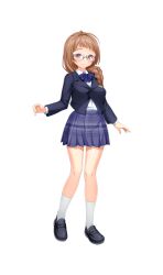 1girl black_jacket blazer blue_bow blue_bowtie blue_skirt blush bow bowtie braid braided_ponytail breasts brown_eyes brown_hair full_body glasses hair_over_shoulder highres jacket kamitsurugi_ouka kouyoku_senki_exs-tia_concert kunijima_chiaki loafers long_hair long_sleeves looking_at_viewer official_art plaid_bow plaid_bowtie plaid_clothes plaid_skirt pleated_skirt purple_skirt red_eyes school_uniform shirt shoes single_braid skirt smile socks solo standing tachi-e transparent_background white_shirt white_socks