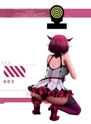 Rule 34 | 1girl, alternate hair length, alternate hairstyle, ass, bare shoulders, black horns, black panties, blackcapbandit, dress, from behind, full body, goddess of victory: nikke, highres, hololive, hololive english, horns, irys (hololive), irys (irys 2.0) (hololive), panties, pointy ears, purple hair, shoe soles, short hair, simple background, solo, underwear, virtual youtuber, white background, white dress