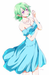 1girl artist_name bare_shoulders blue_dress breasts cleavage commentary cowboy_shot double-parted_bangs dress earrings eiyuu_densetsu green_hair hair_between_eyes jewelry looking_at_viewer musse_egret purple_eyes sen_no_kiseki sen_no_kiseki_(series) sen_no_kiseki_iv short_hair simple_background sleeve_cuffs small_breasts solo white_background xiacheng_tatsuya
