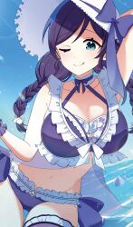 1girl bikini blue_sky breasts cleavage green_eyes highres love_live! one_eye_closed purple_bikini sky swimsuit tojo_nozomi wink