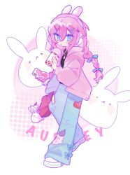 Rule 34 | 1girl, animal, animal ear headphones, animal ears, aubrey (birthday) (omori), aubrey (faraway) (omori), aubrey (omori), baggy pants, black shirt, blue eyes, blue pants, border, bow, braid, character name, chinese commentary, commentary request, cup, cupcake bunny (omori), denim, disposable cup, double-parted bangs, drinking, drinking straw, drinking straw in mouth, fake animal ears, forest bunny (omori), full body, green bow, hair between eyes, hair bow, hair ornament, headphones, highres, holding, holding cup, holding phone, hood, hood down, hooded jacket, jacket, jeans, knees together feet apart, long hair, long sleeves, looking at viewer, mr. plantegg (omori), official alternate costume, official alternate hairstyle, omori, open clothes, open jacket, outside border, pants, phone, pink background, pink jacket, puffy long sleeves, puffy sleeves, rabbit, rabbit ear headphones, round border, shirt, shoes, simple background, solo, standing, torn clothes, torn jeans, torn pants, white border, white rabbit (animal), white shoes, zora009057