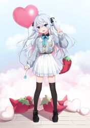 Rule 34 | 1girl, :d, absurdres, amashiro natsuki, bag, balloon, black bow, black shirt, black shoes, black thighhighs, blue bow, blue eyes, blush, bow, chili pepper, collared shirt, commentary request, fang, full body, grey hair, grey jacket, hair between eyes, hair bow, hand up, head tilt, heart balloon, highres, holding, holding balloon, indie virtual youtuber, jacket, kagura nana, long hair, long sleeves, looking at viewer, multicolored hair, open mouth, pink hair, pleated skirt, puffy long sleeves, puffy sleeves, shirt, shoes, shoulder bag, skirt, sleeves past wrists, smile, solo, standing, thighhighs, two-tone hair, two side up, v, very long hair, virtual youtuber, white skirt