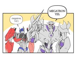 2boys autobot decepticon english_text highres insignia looking_at_viewer male_focus mecha mecha_focus megatron meme multiple_boys no_humans nothuman1205710 optimus_prime red_eyes robot science_fiction sharp_teeth smile speech_bubble sword teeth transformers transformers_prime weapon
