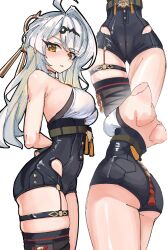 1girl absurdres ahoge ass back blush breasts highres hip_vent hoot_hoot_owl long_hair looking_at_viewer medium_breasts multiple_views parted_lips simple_background single_thighhigh thigh_strap thighhighs white_background white_hair yellow_eyes yixuan_(zenless_zone_zero) zenless_zone_zero