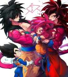 black_hair blue_sash closed_mouth dougi dragon_ball dragon_ball_daima dragon_ball_gt dragon_ball_heroes gloves long_hair male_focus monkey_boy monkey_tail multiple_boys muscular muscular_male ommmyoh open_mouth pants red_fur saiyan sash smile son_goku son_goku_(xeno) spiked_hair super_full_power_saiyan_4_limit_breaker super_saiyan super_saiyan_4 tail time_patrol_(dragon_ball) twitter_username vegeta wristband yellow_pants