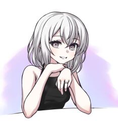 1girl black_camisole breasts camisole commentary grey_eyes grey_hair jewelry kakuchou_shoujo-kei_trinary medium_hair ring small_breasts smile solo sumeragi_chiharu tanaka_gorbachev upper_body