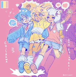 ! 3others :3 ambiguous_gender animal_ears arm_around_shoulder arm_around_waist arm_up arm_warmers asymmetrical_legwear bandages bandaid bandaid_on_face bandaid_on_leg bear_ears bear_tail ben-day_dots blue_hair blue_jacket blue_shoes blue_shorts cat_ears cherry_hair_ornament chiikawa chiikawa_(character) collared_shirt color_guide colored_tips commentary english_commentary english_text fang food-themed_hair_ornament frilled_shorts frilled_socks frills hachiware_(chiikawa) hair_ornament hairclip heart highres jacket leg_warmers mary_janes mole mole_under_mouth multicolored_hair multiple_moles multiple_others musical_note notice_lines oversized_clothes partially_unzipped personification pink_arm_warmers pink_background pink_shoes pink_sweater_vest pleated_skirt puffy_shorts rabbit_ears screentones shirt shoes shorts shorts_under_skirt skirt sleeves_past_fingers sleeves_past_wrists socks spoken_heart spoken_musical_note star_(symbol) star_hair_ornament star_sticker sticker_on_face striped_clothes striped_skirt sweater sweater_vest tail twitter_username usagi_(chiikawa) wannwari white_hair white_socks x_hair_ornament yellow_shoes yellow_skirt yellow_sweater zipper
