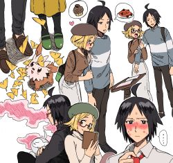 1boy 1girl ahoge bianca_(pokemon) black_hair blonde_hair blush book castform castform_(normal) cheren_(pokemon) creatures_(company) cupcake food game_freak gen_3_pokemon gen_5_pokemon glasses green_headwear highres holding_another&#039;s_arm leaf lillipup lipstick_mark multiple_views nashubi_(to_infinity_wow) nintendo open_mouth pasta pokemon pokemon_(creature) pokemon_bw2 red-framed_eyewear smile spaghetti sweater