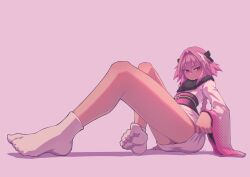1boy absurdres astolfo_(fate) black_bow bow fate/apocrypha fate/grand_order fate_(series) hair_bow hair_intakes hej_510 highres long_sleeves multicolored_hair multiple_hair_bows pink_background pink_hair short_hair socks streaked_hair thighs trap white_hair white_socks