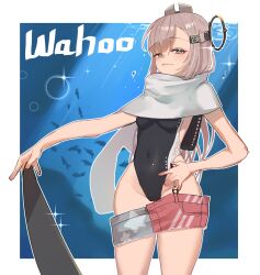 1girl american_flag american_flag_print black_one-piece_swimsuit breasts character_doll character_name commentary_request covered_navel cowboy_shot denim denim_skirt doll flag_print garter_straps grey_hair highleg highleg_one-piece_swimsuit highres kantai_collection long_hair one-piece_swimsuit onikuman print_skirt scarf single_garter_strap skirt small_breasts solo super_highleg swimsuit two-tone_one-piece_swimsuit wahoo_(kancolle) white_scarf
