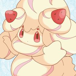 Rule 34 | 1girl, alcremie, alcremie (strawberry sweet), alcremie (vanilla cream), arms up, blonde hair, blue background, brown eyes, closed mouth, colored sclera, colored skin, expressionless, female focus, food-themed hair ornament, gen 8 pokemon, hair ornament, long hair, looking at viewer, monya, multicolored hair, nintendo, pink hair, pokemon, pokemon (creature), red sclera, sidelocks, solo, standing, strawberry hair ornament, streaked hair, two-tone hair, yellow skin