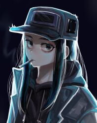 1girl absurdres black_background black_eyes black_hair black_hoodie cassette_girl_(taikodon) cigarette friday_night_funkin&#039; grey_hat grey_jacket hat highres hood hoodie jacket long_hair looking_at_viewer nongxy_nonshi sidelocks smoke smoking solo upper_body