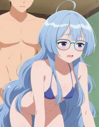 1boy 1girl absurdres ahoge all_fours artist_logo artist_name bikini bikini_top_only blue-framed_eyewear blue_bikini blue_eyes blue_hair bottomless breasts collarbone commentary_request doggystyle eyes_out_of_frame glasses head_out_of_frame highres indoors logo long_hair navel paid_reward_available parted_lips rikka_(rikkaarts) sex_from_behind shiunji-ke_no_kodomotachi shiunji_seiha short_eyebrows small_breasts swimsuit thick_eyebrows thighs trembling very_long_hair wavy_hair
