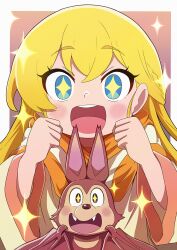 +_+ 1girl 1other :d bat_(animal) blonde_hair blue_eyes border brown_cloak brown_robe chai_(doraemon) claire_(doraemon) clenched_hands cloak doraemon double-parted_bangs fangs gradient_background hands_up highres kirigakure_(iroiro_tsukauyo) long_hair looking_at_viewer open_mouth orange_background purple_background robe smile sparkle teeth upper_body upper_teeth_only white_border wide_sleeves