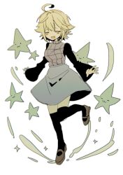 1girl absurdres ahoge black_sweater black_thighhighs blonde_hair blush_stickers brown_shoes closed_eyes fang full_body grey_skirt grey_sweater_vest hair_flaps highres long_sleeves mary_janes messy_hair open_mouth outstretched_arms shoes short_hair skirt smile solo standing standing_on_one_leg star_(symbol) sweater sweater_vest thighhighs urotsuki yume_2kki yumedeaou01 zettai_ryouiki