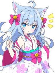 1girl ahoge animal_ear_fluff animal_ears bare_shoulders bell blue_eyes blue_hair blush cat_ears cat_girl cat_tail closed_mouth commentary_request detached_sleeves dot_nose floral_print floral_print_kimono hair_bell hair_ornament hair_ribbon hands_up highres japanese_clothes kimono kimono_cat_girl_(kotatsu-mazoku) kotatsu-mazoku long_hair looking_at_viewer notice_lines obi original pink_ribbon print_kimono print_sleeves purple_sash ribbon sash simple_background sleeveless sleeveless_kimono solo tail upper_body white_background white_kimono white_sleeves wide_sleeves
