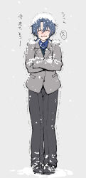 1girl black_pants blue_hair closed_eyes cold commentary_request crossed_arms full_body grey_jacket henriiku_(ahemaru) highres hiodoshi_ao hiodoshi_ao_(1st_costume) hololive hololive_dev_is jacket medium_hair pants reverse_trap smile snot snow snowing solo translation_request trembling virtual_youtuber