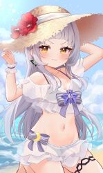 &gt;:) 1girl absurdres adjusting_clothes adjusting_headwear alternate_costume arched_bangs arms_up beach bikini bikini_under_clothes black_bikini blood blood_on_clothes blouse blue_sky blush breasts closed_mouth crop_top earrings grey_hair groin hand_on_headwear hat highres hololive jewelry kneeling long_hair long_sidelocks midriff murasaki_shion navel ocean petite see-through_clothes see-through_shirt see-through_skirt shirt sidelocks skirt sky small_breasts smile solo somari_(somari_cat) straw_hat sun_hat swimsuit thighlet triangle_earrings v-shaped_eyebrows virtual_youtuber white_shirt white_skirt wrist_cuffs yellow_eyes