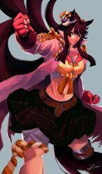 1girl animal_ears bandages bandaid bandaid_on_face bandaid_on_nose belt black_hair black_skirt breasts brown_belt chest_sarashi clenched_hands closed_mouth coat deep_impact20 feet_out_of_frame fingerless_gloves gloves highres horse_ears horse_girl long_hair long_sleeves looking_at_viewer miniskirt narita_brian_(umamusume) open_clothes open_coat pink_gloves plaid_clothes plaid_skirt sarashi simple_background skirt solo standing umamusume very_long_hair white_coat yellow_eyes