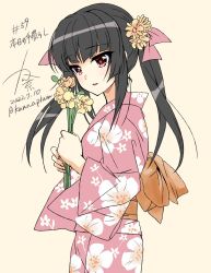 1girl 2022 black_hair breasts dated flower highres japanese_clothes kanna_(plum) kimono looking_at_viewer numbered open_mouth painttool_sai_(medium) pink_eyes pink_ribbon ribbon senki_zesshou_symphogear simple_background small_breasts smile solo tsukuyomi_shirabe twitter_username yukata