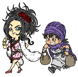 Rule 34 | 1boy, 1girl, anklet, aqua eyes, belt, black eyes, black hair, blunt bangs, bracelet, breasts, chibi, cleavage, couple, dark-skinned male, dark skin, deborah (dq5), dragon quest, dragon quest v, dress, earrings, fenyon, flower, fur shawl, gold earrings, grin, hair flower, hair ornament, hero (dq5), hetero, high heels, hoop earrings, jewelry, looking at another, looking back, low ponytail, mole, mole under eye, necklace, nervous smile, pink dress, pink lips, ponytail, purple turban, red flower, red rose, red shoes, red trim, rose, running, shawl, shoes, smile, sweatdrop, tan, toriyama akira (style), torn tunic, tunic, turban, updo, white background, white tunic