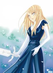 1girl blind blonde_hair claymore_(series) claymore_(sword) dress elbow_gloves female_focus galatea gloves ichigowish long_hair no_pupils nun solo sword weapon white_gloves