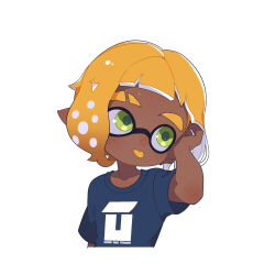 1boy :p arm_behind_head blonde_hair blue_shirt brown_hair closed_mouth colored_tongue commentary_request cropped_torso dark-skinned_male dark_skin eyebrow_cut facing_viewer gradient_hair green_eyes highres inkling inkling_boy inkling_player_character looking_up male_focus multicolored_hair nintendo pointy_ears shirt short_hair short_sleeves simple_background solo splatoon_(series) surume01417 tentacle_hair thick_eyebrows tongue tongue_out white_background yellow_tongue