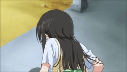 1girl animated animated_gif ass ass_focus bare_legs blush bottomless butt_crack clothes_lift embarrassed kotegawa_yui legs long_hair looking_back looking_down no_panties screencap shirt shoes shouting skirt skirt_lift socks sweat sweatdrop sweater to_love-ru