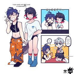 Rule 34 | 1boy, 2girls, alternate language, apron, bare arms, belle (zenless zone zero), black hair, black socks, black sports bra, blue hair, blue socks, bread, bread slice, breasts, brother and sister, brushing teeth, closed eyes, coffee, coffee mug, collarbone, colored inner hair, commentary, cup, drooling, ellen joe, english commentary, english text, food, g0mitrash, grey hair, highres, holding, holding food, holding hands, holding toothbrush, medium breasts, midriff, morning, mug, multicolored hair, multiple girls, orange pants, pants, pink apron, pink hair, print socks, saliva, shark print, shirt, short hair, short sleeves, siblings, sleepy, socks, speech bubble, sports bra, steam, tail, tail around another&#039;s leg, tail wrap, toast, toothbrush, toothpaste, waking up, white shirt, white socks, wise (zenless zone zero), yuri, zenless zone zero