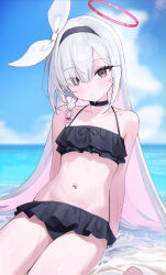 1girl absurdres alternate_costume bare_arms bare_shoulders beach bikini bikini_skirt black_bikini black_choker black_eyes black_hairband black_ribbon blue_archive blue_sky blush bow braid choker closed_mouth cloud collarbone colored_inner_hair day frilled_bikini frills hair_between_eyes hair_ornament hair_over_one_eye hair_ribbon hairband halo highres horizon loli loloco long_hair looking_at_viewer multicolored_hair navel ocean outdoors pink_hair plana_(blue_archive) red_halo ribbon sitting sky solo stomach swimsuit thighs very_long_hair water wet white_hair