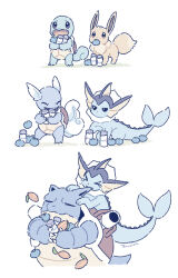 &gt;_&lt; 3koma animal_focus annoyed berry berry_(pokemon) biting biting_ear blastoise borderless_panels bottle closed_eyes comic commentary_request cropped_torso crying drink eevee fins food food_in_mouth gen_1_pokemon happy head_fins highres holding holding_drink holding_food leg_up looking_at_another looking_up milk milk_bottle moomoo_milk nintendo no_humans occa_berry on_ground open_mouth oran_berry pokemon pokemon_(creature) pokemon_sleep shadow shell signature sitting smile squirtle standing tail tears turtle vaporeon wartortle white_background yurano_(upao)
