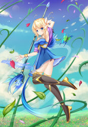 1girl aneten armpits bare_shoulders black_panties blonde_hair blue_dress blue_eyes blue_sky blue_wings boots breasts bug butterfly cloud dress emil_chronicle_online flower hair_flower hair_ornament highres holding holding_staff insect large_breasts le_fay_lore leaf panties sky staff thigh_boots thighs thorns underwear wings