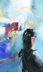Rule 34 | 1boy, 1girl, arm up, armor, black cape, black gloves, black vest, blonde hair, blue background, blue eyes, cape, essmusein254, fenrir (final fantasy), final fantasy, final fantasy vii, final fantasy vii advent children, flower, fusion swords, ghost, gloves, hand on another&#039;s cheek, hand on another&#039;s face, hetero, highres, holding, holding sword, holding weapon, jacket, lily (flower), long hair, looking at another, parted bangs, pink ribbon, popped collar, red jacket, ribbon, short hair, short sleeves, shoulder armor, sidelocks, single shoulder pad, spiked hair, sword, vest, waist cape, weapon, white hair, yellow flower