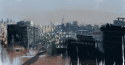 apartment building city cityscape day highres no_humans original painting_(medium) scenery shadow skyscraper slow_d sunlight traditional_media window