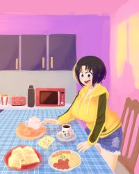 1girl absurdres black_hair blue_eyes bread bread_slice breasts butter butter_knife chair cheese coffee_mug copyright_parody cowboy_shot cup curvy cutoffs dragon_girl drooling elma_(maidragon) female_focus food gradient_hair highres hood hoodie kfc kitchen kobayashi-san_chi_no_maidragon masked_ink microwave mug multicolored_hair open_mouth salami_(food) short_hair shorts slit_pupils smile solo standing streaked_hair table taiyaki thermos toast toaster torn_clothes torn_shorts two-tone_hair wagashi yellow_hoodie