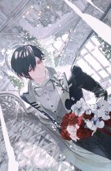 1boy absurdres ayn_alwyn black_hair black_jacket black_pants black_suit bouquet boutonniere bow bowtie candle candlestand chinese_commentary closed_mouth cowboy_shot dress_shirt dutch_angle flower formal_clothes hair_between_eyes highres holding holding_bouquet indoors jacket lapels long_sleeves looking_at_viewer lovebrush_chronicles male_focus nickel_nike official_alternate_costume orchid pants peaked_lapels piano_print plant railing red_eyes red_flower red_rose rose shirt short_hair smile solo standing suit vines white_bow white_bowtie white_flower white_rose white_shirt window