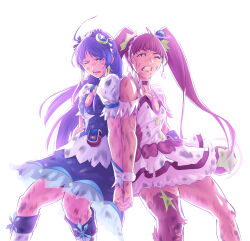 Rule 34 | 2girls, ahoge, bare shoulders, blue eyes, blunt bangs, boots, bow, bow print, brooch, choker, clenched teeth, commentary request, cowboy shot, crescent, crescent hair ornament, cure selene, cure star, detached sleeves, determined, dirty, dirty clothes, dirty face, doi tabasuko, dress, frilled dress, frilled sleeves, frills, frown, fur wrist cuffs, furrowed brow, hair bow, hair ornament, hair scrunchie, hair tubes, hairband, highres, holding hands, hoshina hikaru, injury, interlocked fingers, jewelry, kaguya madoka, knee boots, long hair, long sideburns, looking ahead, magical girl, multiple girls, one eye closed, open mouth, pink bag, pink choker, pink eyes, pink hair, pink thighhighs, planet hair ornament, precure, puffy short sleeves, puffy sleeves, purple bag, purple bow, purple dress, purple hair, ringlets, scrunchie, short dress, short sleeves, sideburns, simple background, single thighhigh, sleeveless, sleeveless dress, snowflakes, star (symbol), star button, star choker, star hair ornament, star print, star twinkle precure, teeth, thick eyebrows, thighhighs, torn clothes, torn sleeves, two-tone bag, very long hair, waist bag, white background, white boots, white dress, white hairband, white sleeves, white wrist cuffs, wrist cuffs, yellow scrunchie