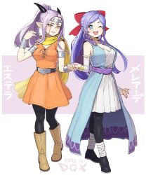 Rule 34 | 2girls, ;d, absurdres, armlet, belt, black horns, black leggings, blue eyes, blue robe, boots, bow, bracelet, breasts, bridal gauntlets, brown boots, cape, character name, choker, circlet, cleavage, commentary, copyright name, cosplay, costume switch, dragon girl, dragon quest, dragon quest x, dress, earrings, estella (dq10), full body, gem, gold bracelet, gold choker, grin, hair bow, half updo, highres, holding hands, horns, jewelry, kulumi e, large breasts, leg wrap, leggings, long hair, looking at viewer, looking to the side, mereade, monster girl, multicolored robe, multiple girls, one eye closed, open mouth, orange dress, pantyhose, parted bangs, pink nails, pointy ears, ponytail, purple background, purple cape, purple hair, red bow, red gemstone, robe, scarf, silver armlet, silver circlet, slit pupils, smile, sphere earrings, symbol-only commentary, white background, white bridal gauntlets, white robe, yellow eyes, yellow scarf