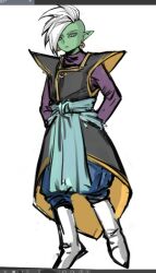 Rule 34 | 1boy, arms behind back, art program in frame, blue pants, blue sash, boots, colored skin, dragon ball, dragon ball super, earrings, expressionless, green skin, grey eyes, jewelry, long sleeves, looking down, mohawk, pants, pointy ears, potara earrings, purple shirt, sash, shirt, short hair, solo, white background, white footwear, white hair, yorusaki 777, zamasu