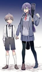 1boy 1girl 6tnut9 :d aged_down ahoge artist_name bandaged_hand bandages black_pantyhose black_ribbon black_shorts blazer blue_background brown_eyes brown_hair brown_shoes clenched_hand collared_shirt crossed_bangs genderswap genderswap_(mtf) gradient_background green_eyes grey_jacket grey_skirt grey_sweater hair_between_eyes hand_up holding_hands jacket kagami_hayato kenmochi_touko kenmochi_touya kenmochi_touya_(1st_costume) kneehighs lapels long_hair long_sleeves looking_at_another neck_ribbon necktie nijisanji omamori open_clothes open_jacket open_mouth pantyhose plaid_clothes plaid_necktie pleated_skirt purple_hair red_necktie ribbon school_uniform shirt shirt_tucked_in shoes short_hair shorts sidelocks skirt smile socks standing suspender_shorts suspenders sweatdrop sweater teeth upper_teeth_only v-shaped_eyebrows virtual_youtuber weapon_bag white_background white_shirt white_socks wing_collar