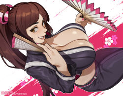 Rule 34 | 1girl, aurahack, black jacket, black pants, blush, breasts, brown eyes, brown hair, cleavage, fatal fury, fatal fury: city of the wolves, fingernails, folded fan, folding fan, from side, grin, hand fan, high ponytail, highres, holding, holding fan, jacket, large breasts, long fingernails, long hair, long sleeves, looking at viewer, motoyui, nail polish, official alternate costume, pants, parted bangs, patreon username, pink background, pink nails, ponytail, shiranui mai, smile, snk, solo, street fighter, street fighter 6, swept bangs, the king of fighters, tight clothes, tight pants, twitter username, two-tone background, very long hair, watermark, web address, white background