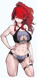 Rule 34 | 1girl, abs, absurdres, akechi (akechi 5416), bikini, black eyes, breasts, cleavage, cleavage cutout, closed mouth, clothing cutout, commentary request, cowboy shot, cropped legs, facing viewer, hair over one eye, hand on own hip, hand on own thigh, highres, lain paterson, large breasts, long hair, muscular, muscular female, navel, nijisanji, o-ring, o-ring thigh strap, ponytail, red hair, sideways glance, simple background, solo, sports bikini, swimsuit, thigh strap, virtual youtuber, white background