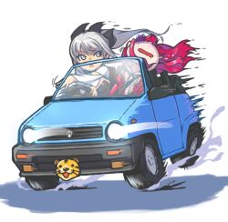 2girls :o baobhan_sith_(fate) baobhan_sith_(first_ascension)_(fate) black_dress blue_car car dress driving fate/grand_order fate_(series) grey_eyes lion long_hair looking_up morgan_le_fay_(fate) mother_and_daughter motion_lines motor_vehicle multiple_girls open_mouth pink_hair ponytail red_dress saliva shaded_face speed_lines taru_neko white_hair