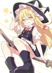 1girl apron black201_wav black_boots black_hat black_vest blonde_hair blush boots bow braid broom broom_riding commentary frilled_skirt frills grin hair_bow hands_on_headwear hat hat_bow highres kirisame_marisa long_hair looking_at_viewer neck_ribbon puffy_short_sleeves puffy_sleeves red_ribbon ribbon short_sleeves side_braid single_braid skirt smile solo star_(symbol) touhou very_long_hair vest waist_apron white_apron white_bow witch_hat yellow_eyes