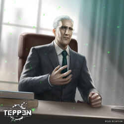 adam_benford book business_suit capcom chair desk formal_clothes glasses grey_eyes grey_hair highres kuroiwa_enu necktie official_art old old_man resident_evil resident_evil_6 sitting suit teppen