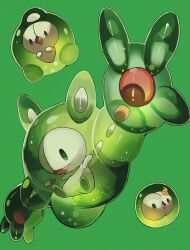 :d commentary_request creatures_(company) duosion evolutionary_line game_freak gen_5_pokemon green_background highres nintendo no_humans open_mouth outstretched_arms pokemon pokemon_(creature) pokemon_focus reo_(mmocc123) reuniclus simple_background smile solosis
